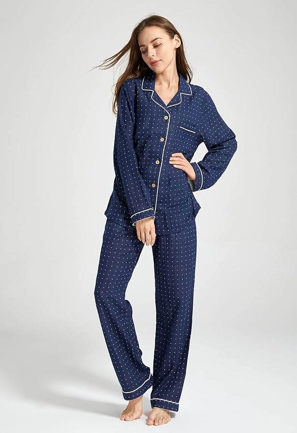 Womens Pajama Sets 100% Double Gauze Cotton Linen Like Muslin Pajamas Long Sleeve Button Down Sleepwear Soft Pjs Lounge Set