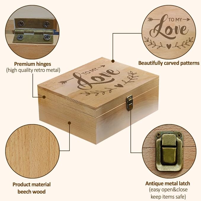 arricraft 1 Pc Love Theme Wooden Memory Keepsake Box, Metal Knot Box with Hinged Lid Photo Boxes for Office or Home Storage Keepsake Chest for Anniversary, Wedding, Memory, Valentines Day