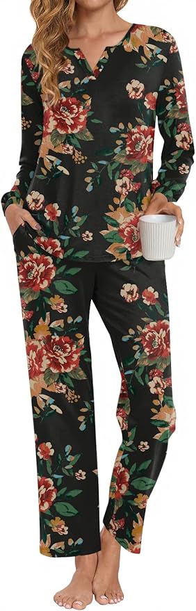 Anyally Women's Plus Size Pajama Sets Ladies Fall Pjs 2 Pieces Lounge Outfits V Neck Long Sleeves Sleepwear with Pockets