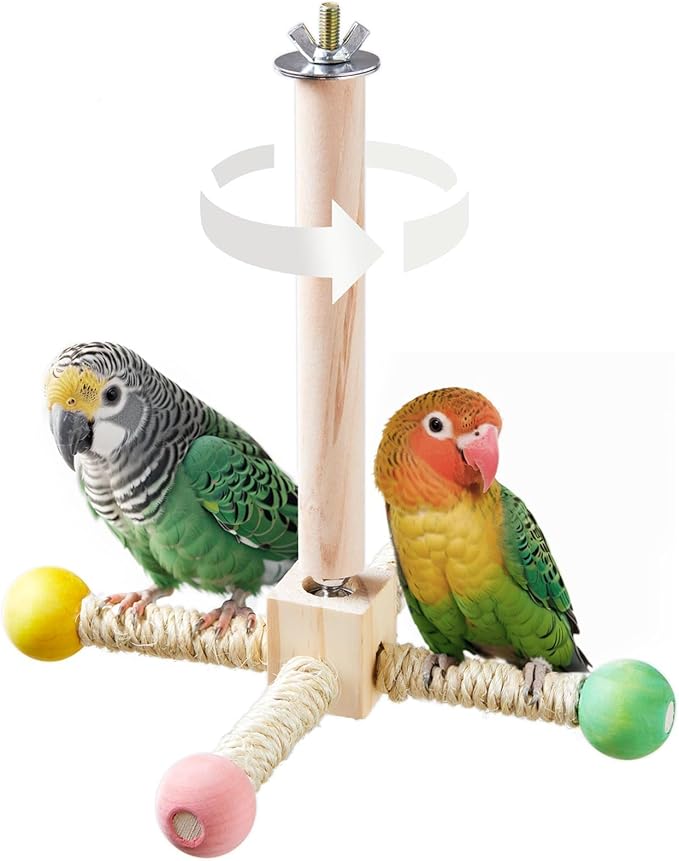 Bird Perch Toy, Kiln-Dried Wood Interactive 360° Spinning Cage Toy(S) | Exercise Wheel Parrot Toy, Enrichment Cockatiel Toy for Bird Cage, Bird Cage Accessories Perch Toy for Budgies Lovebirds