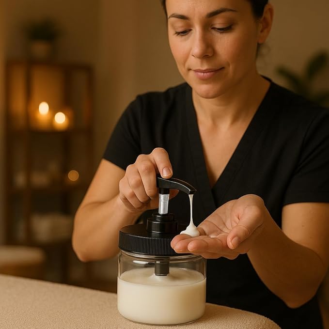 Royal Massage 16oz Refillable Pump Jar with Locking Dip Tube Dispenser – BPA-Free Plastic Container for Massage Oils, Lotions, Creams – Ribbed Lid Wide-Mouth Jar – Durable & Reusable (Clear/Black, 1)