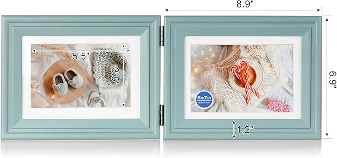 5x7 Double Horizontal Hinged Wood Picture Frame Folding Photo Frame with Real Glass Front in Teal Blue for Tabletop, Display 4x6 with Mat or 5x7 without Mat X2-LAN-2H57