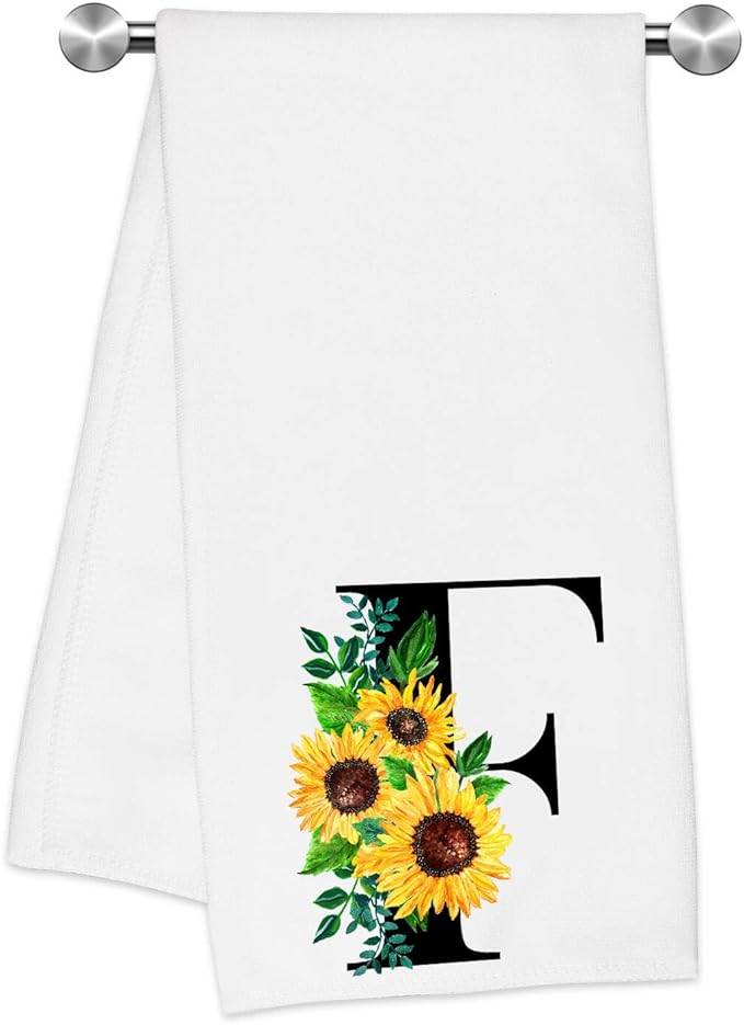 Monogrammed Sunflower Hand Towels,Ini-tial F Tea Towel Letter Kitchen Towels,Sunflower Gifts for Women,Monogram Dish Towel 17x23 Inch,Kitchen Bathroom Decorative Ini-tial Gifts for Mom Wife