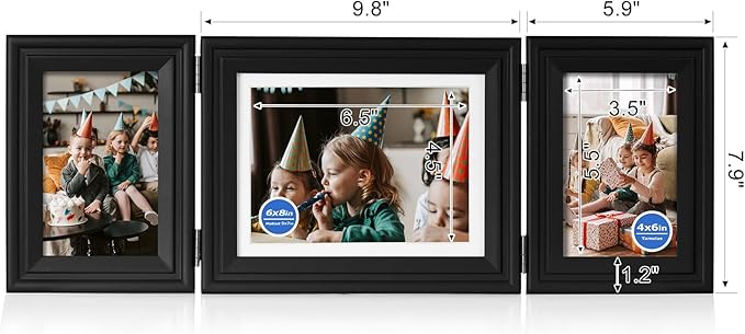3 Vertical Horizontal Hinged Wood Picture Frame 4x6 and 5x7 Triple Folding Photo Frame Home Decor with Real Glass Front in Black for Tabletop, Display 4x6 with Mat or 5x7 without Mat