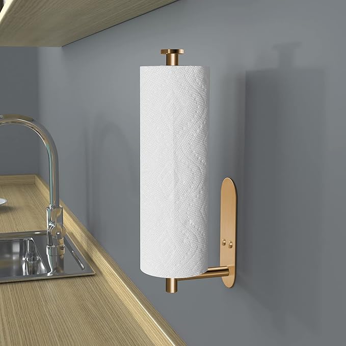 VAEHOLD Adhesive Paper Towel Holder Under Cabinet Wall Mount for Kitchen Paper Towel, Paper Towel Roll Holder Stick to Wall, Stainless Steel (Gold)