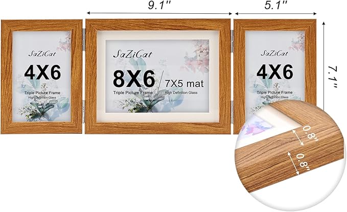 Hinged Tri-Fold 4x6 & 6x8 Picture Frame with Tempered Glass-Tabletop or Wall Mounted Display for Two 4x6 & One 5x7/6x8 Photos (with/without Mat)-Rustic Brown-Z467546