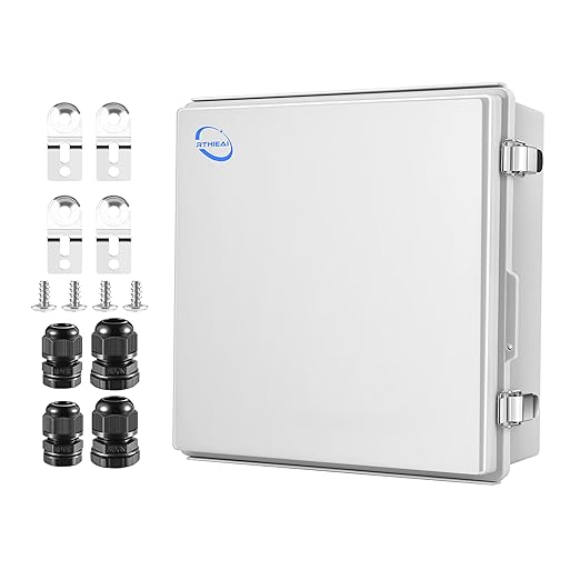 Waterproof Outdoor IP67 Junction Box (13"x13"x5.1") with Mounting Plate, Hinged Grey Cover and Wall Brackets - Weatherproof ABS Plastic Electrical Enclosure for DIY Projects (330x330x130mm)