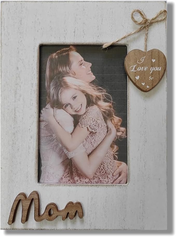 Mom Picture Frame,I Love You Mom Photo Frame with Heart,Mother's Day Gift,Gift for Mother or Stepmother from Daughter and Sun, Wooden Frame 4x6 Vertical