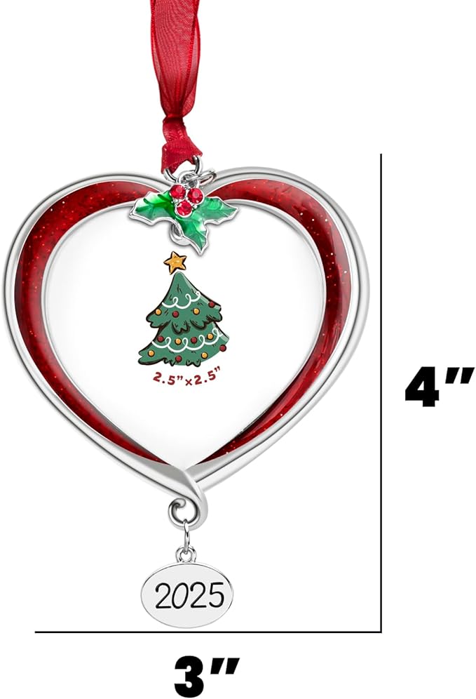 Christmas Tree Ornament Picture Frame Metal Hanging Pendant Holiday 2.5" Photo Frame Charm Decorative of Pets, Baby First Christmas, Family (2025 Red)
