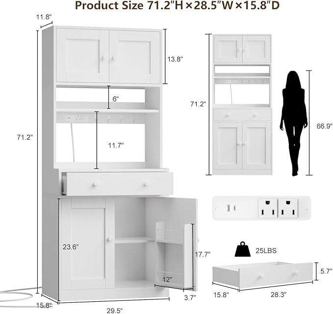 Korfile 71" Tall Kitchen Pantry Storage Cabinet with Power Outlet & LED Light, Freestanding Food Pantry Cabinet with 4 Doors and Shelves, Cupboard with Drawer, Hutch with Microwave Stand, White