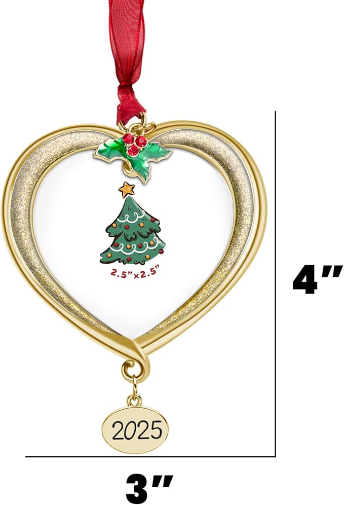 Christmas Tree Ornament Picture Frame Metal Hanging Pendant Holiday 2.5" Photo Frame Charm Decorative of Pets, Baby First Christmas, Family (2025 Golden)