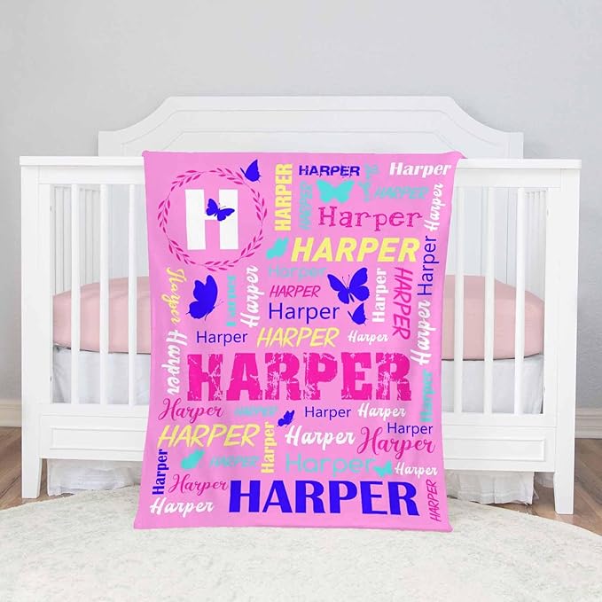 Ship Next Day, Personalized Baby Blanket for Boys Girls, Custom Butterflies Blanket with Name Super Soft Plush Flannel, Easter Christmas Brithday Gifts for Baby Shower Kids Toddlers Newborn