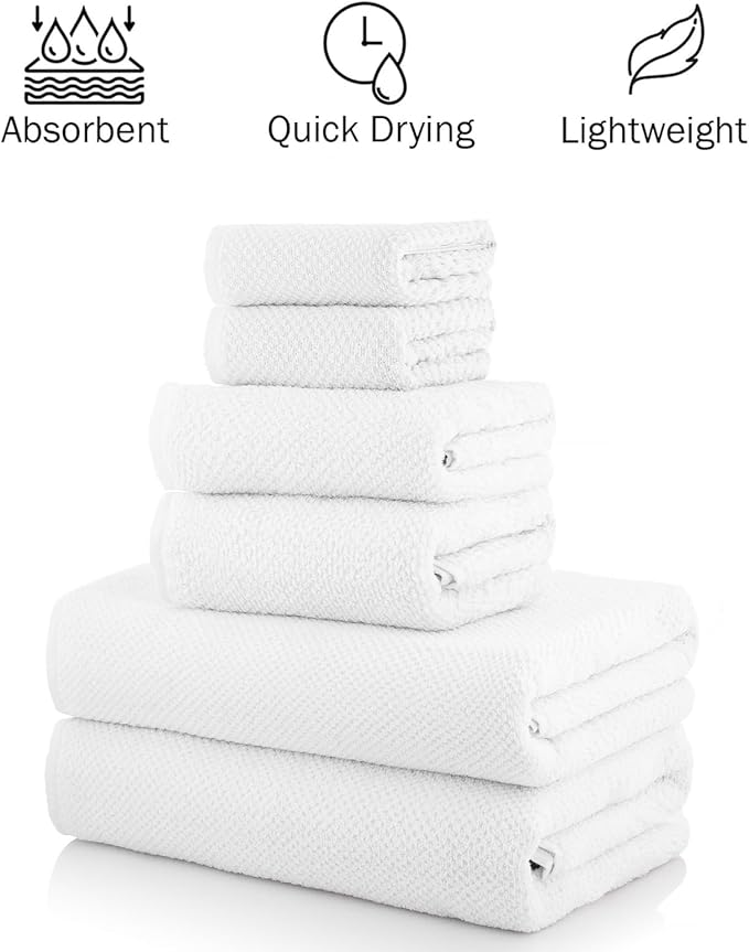 CASA COPENHAGEN Popcorn Textured 6 Pieces Towel Set- White, 550 GSM 2 Bath Towel 2 Hand Towel 2 Washcloth, Rough & Tough Use Cotton Towels Gift Set for Bathroom
