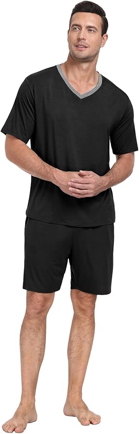 PrinStory Men's Pajama Set Sleepwear Pjs Lightweight Quick Dry Short Sleeve V-Neck Shirts and Shorts Soft Comfy Sleep Sets