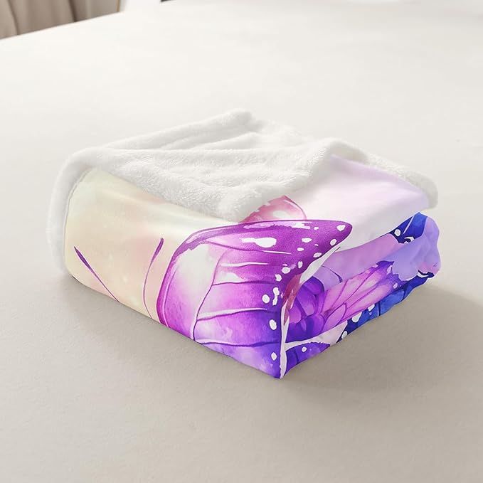Feelyou Girls Fleece Throw Blanket Baby 30"x40" Kids Purple Butterfly Sherpa Blanket Plush Fuzzy for Bed Couch Chair Living Room, Floral Flower Bed Blanket Cute Watercolor Room Decor