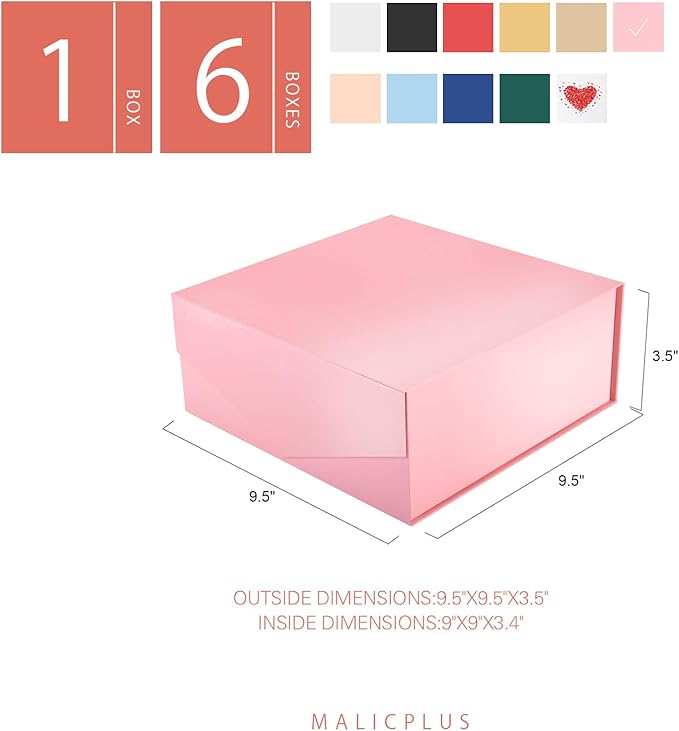 6 Gift Boxes with Lids 9x9x3.4 Inches, Pink Bridesmaid Proposal Boxes with Magnetic Closure for All Occasion (Glossy Pink)
