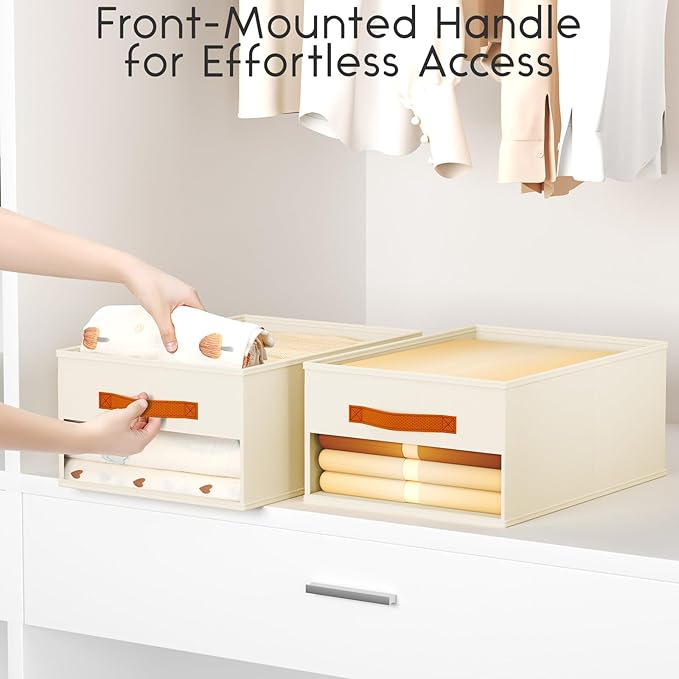 Drawer Organizers and Storage - 8 Pack Foldable Pants Organizer with Clear Window & Handles, Fabric Closet Organizer for Clothes, Jeans, Sweaters, Towels, T-shirt, Scarf (Beige)