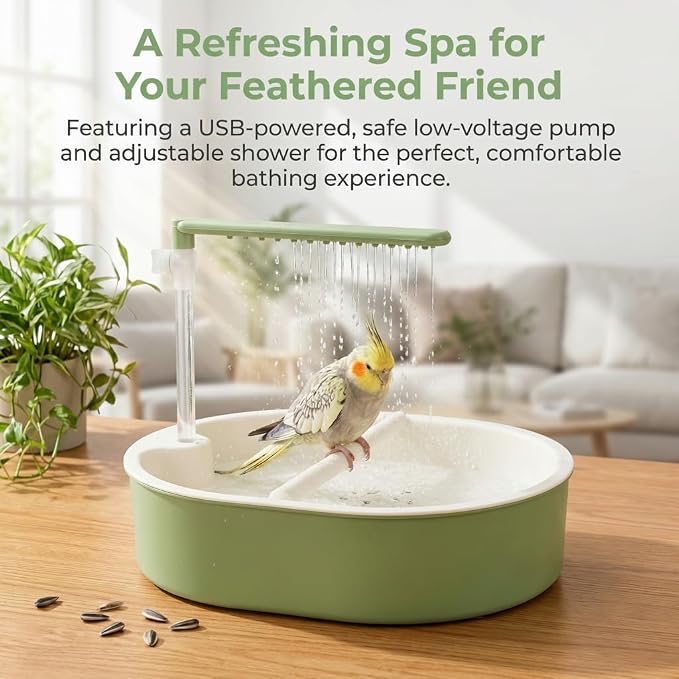 Automatic Bird Bath Shower with Pump & Water Tank | Great for parrots, cockatiels, budgies & lovebirds. Large tank & pump give running water. Freestanding, place anywhere.