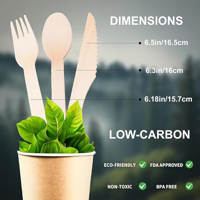 Disposable Wooden Cutlery Set - 360 Pcs Compostable Utensils [180 Forks, 60 Knives, 120 Spoons], Biodegradable Eco-Friendly Wooden Utensil Set, Disposable Cutlery for Parties Camping