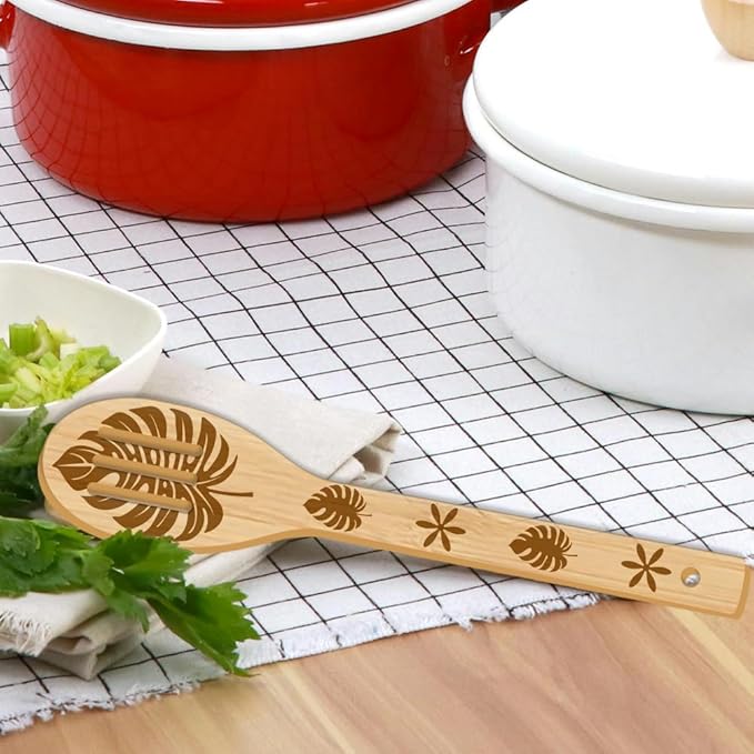 GLOBLELAND 6Pcs Leaves Bamboo Cooking Utensils Wooden Monstera Ginkgo Maple Engraved Cooking Spoons Spatula for Women and Men Wood Cooking Spoon for Kitchen House Warming Gift