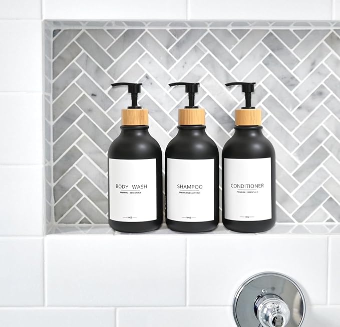 Frosted Plastic Shampoo and Conditioner Bottles, Apothecary Dispenser Bamboo Pump, Refillable Bottles for Shower Lotion, Oil, Hand Soap, Sanitizer, Liquid Soap, Set of 3 with 9 Labels (3, Matte Black)