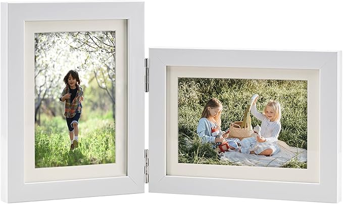 Double Hinged 5x7 Picture Frame with Tempered Glass-Tabletop or Wall Mounted, Display for 4x6 & 5x7 Photos (with/without Mat)-Matte White, For Family Photos & Wedding Memories-B5775