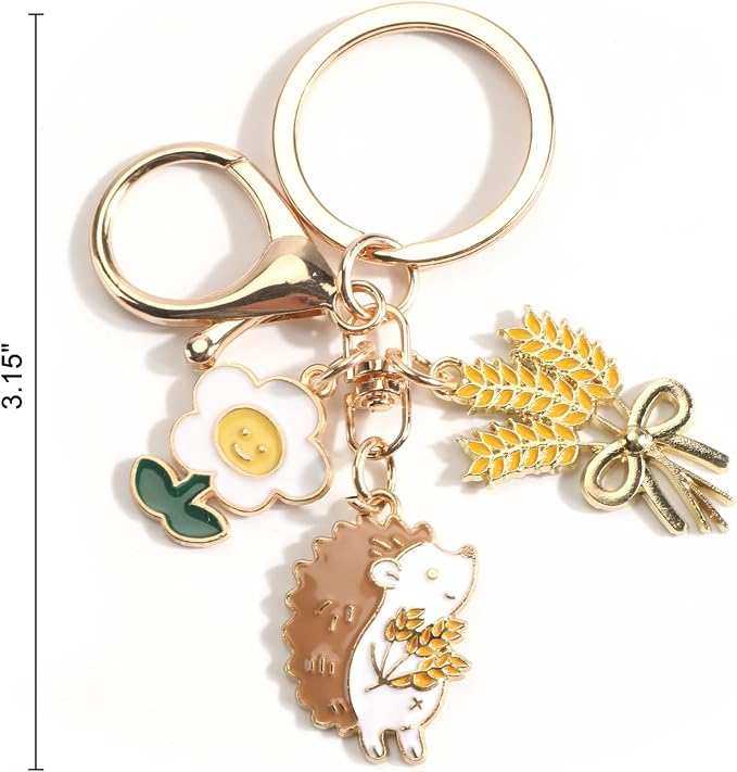 Hedgehog Keychain with Flower Thanksgiving Keycharm with Wheat Unique Animal Keyring for Women Farm Keychains Gifts