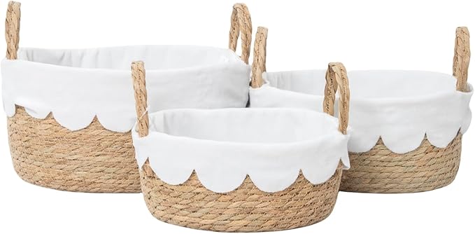 Handmade Seagrass Wicker Storage Basket with Handles & Removable Liner,Eco-Friendly Oval Woven Shelf Basket Organizer for Home Decor,Set of 3