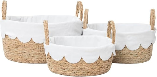Handmade Seagrass Wicker Storage Basket with Handles & Removable Liner,Eco-Friendly Oval Woven Shelf Basket Organizer for Home Decor,Set of 3