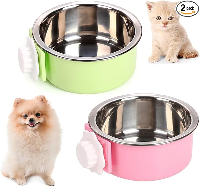 kathson Crate Dog Bowl, Removable Stainless Steel Hanging Pet Cage Bowl Food & Water Feeder Coop Cup for Cat, Puppy, Birds, Rats, Guinea Pigs (2 PCS, Size: M, Green and Pink)