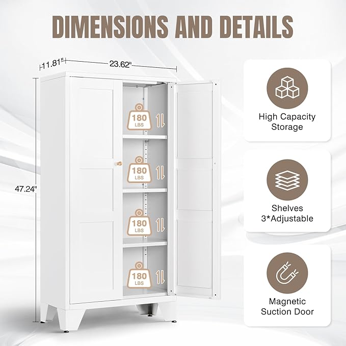 Yizosh Metal Storage Cabinet with Doors and 3 Adjustable Shelves - 47" White Kitchen Pantry Storage Cabinet Locker for Kitchen,Living Room,Dining Room