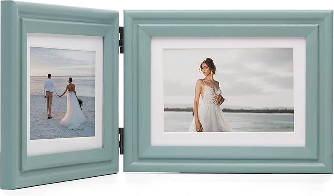 Horizontal 5X7 Picture Frames Double Hinged Wood Folding Photo Frames with Real Glass Front Fit for Desktop or Tabletop Display Pictures 4x6 with Mat or 5x7 Without Mat, Teal Blue XLAN-H75X2