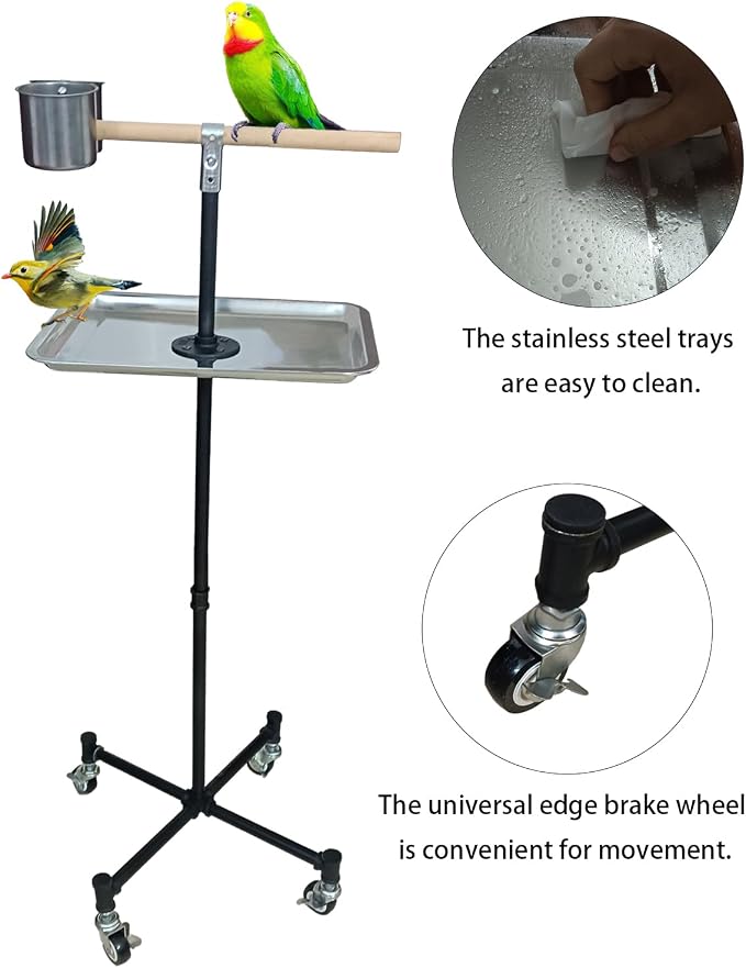 Bird Stand Parrot Stand 2 Stainless Steel Food Bowls | Stainless Steel Tray Including Macaws, Parakeets, Lovebirds, Cockatiels, For Indoor And Outdoor Use Black 42