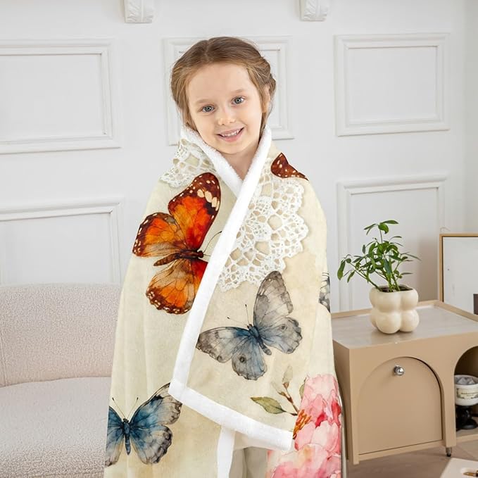 Feelyou Girls Butterfly Fleece Throw Blanket Queen 90"x90" Kids Colorful Sherpa Blanket Plush Fuzzy for Bed Couch Chair Living Room, Chic Gorgeous Bed Blanket Noble Flower Room Decor