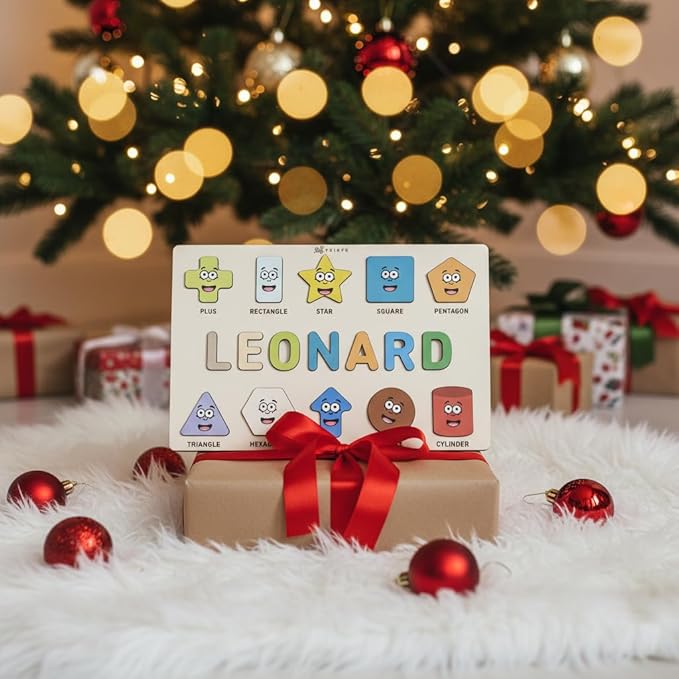 Personalized Name Puzzle for Toddlers 1-3, Customized Baby Girl Gift, Custom Baby Boy Gift, Wooden Name Puzzle for Kids, Custom Baby Stuff, Baby Nursery Room Decor (Shapes - 10 Figures)