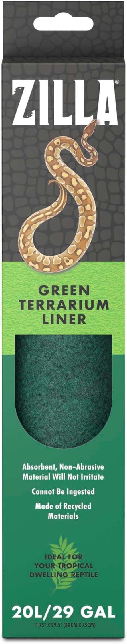 Zilla Reptile Carpet Terrarium Floor Liner, Green, 10G, 11.75 x 29.5 | Substrate for reptile tank, enzyme-treated odor control, rinse-clean absorbent floor liners
