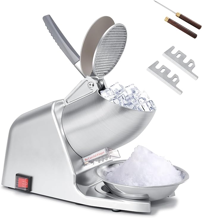 300W 178 lbs/hr ETL-Listed Dual Blade Electric Ice Shaver Machine with Ice Pick, Ice Crusher for Home Use and Commercial, Shaved Ice Machine, Ice Grinder, Silver