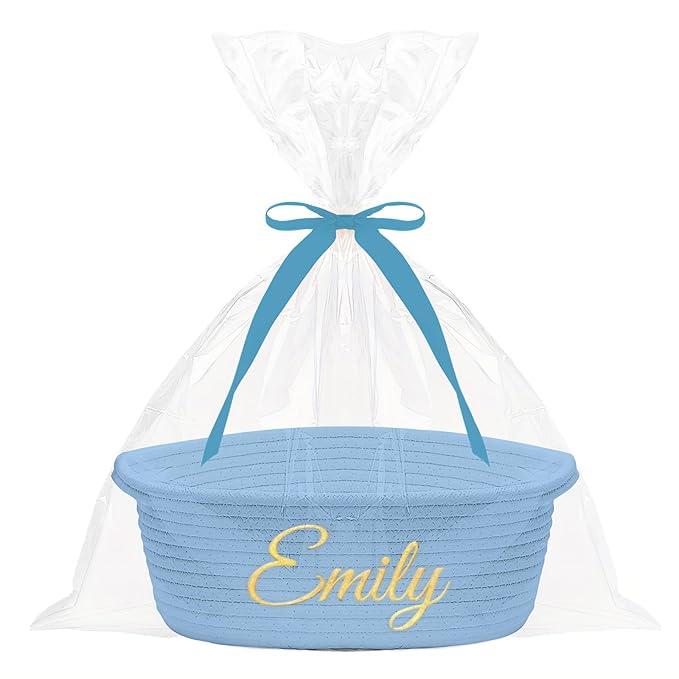 HUTARIO Personalized Woven Basket Embroidered Name with Gift Bags and Ribbons,Empty Small Rope Basket，Durable Storage Custom Blue Basket with Handles for Baby Showers or Christmas,12"×8"×5"