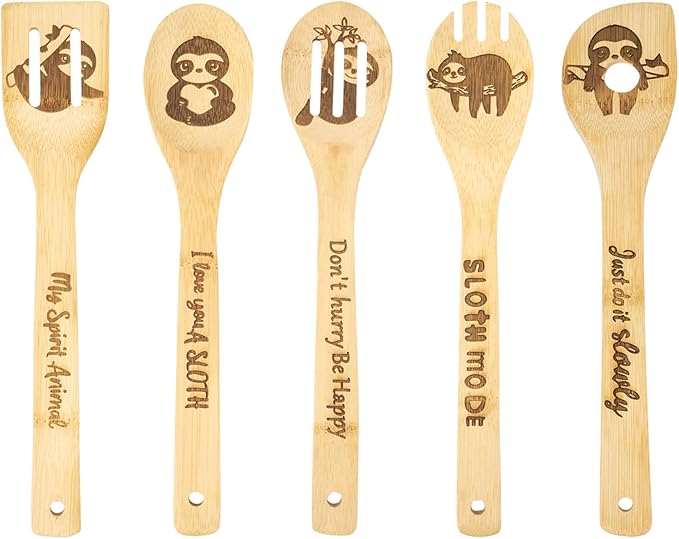 5PCS Sloth Wooden Cooking Spoons Sloth Gifts Sloth Decor Sloth Gifts for Women Sloth Kitchen Decor Sloth Stuff Sloth Party Favors Housewarming Wedding Cooking Bamboo Cooking Spoons for Everyday Use