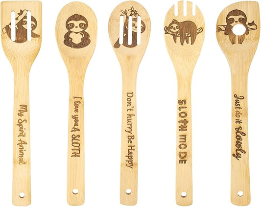 5PCS Sloth Wooden Cooking Spoons Sloth Gifts Sloth Decor Sloth Gifts for Women Sloth Kitchen Decor Sloth Stuff Sloth Party Favors Housewarming Wedding Cooking Bamboo Cooking Spoons for Everyday Use