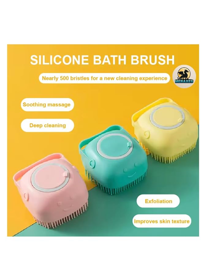MERAXES Pet Grooming Bath Brush with Soap Dispenser – Soft Silicone Massage Bristles for Dogs & Cats, Gentle Deshedding & Deep Cleaning for Long or Short Hair – Yellow