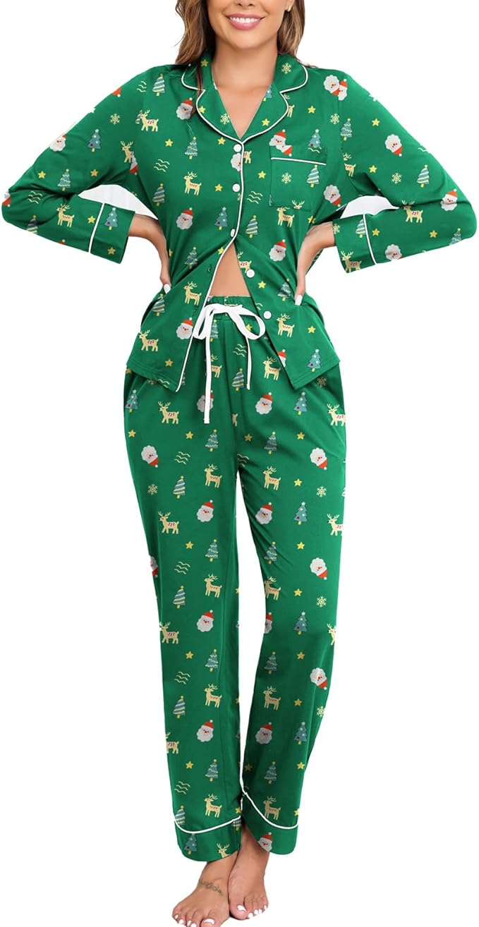 Veseacky 100% Cotton Pajamas for Women Set Long Sleeve Button Down Sleepwear Soft Pjs Lounge Sets with Pockets S-XXL