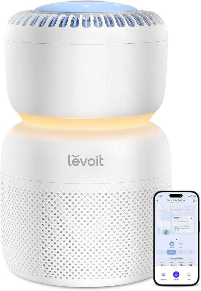 LEVOIT Air Purifier for Home Bedroom with HEPA Filter, White Noise Sound Machine and Blue Light-Free Night Light Support Better Sleep, AHAM VERIFIDE, 5 Air Quality Monitor, Smart WiFi, Sprout