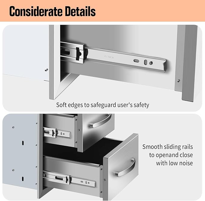 Outdoor Kitchen Drawers Stainless Steel 14W X 14.3H X 23D Inch, Flush Mount Double BBQ Island Drawers with Handle for Outdoor Kitchens, Patio or Grill Station