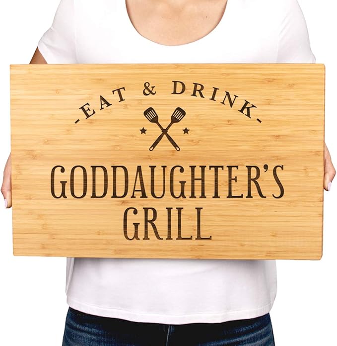 Andaz Press Large Bamboo Wood BBQ Cutting Board Gift, 17.75 x 11-inch, Goddaughter's Grill, 1-Pack, Laser Engraved Serving Chopping Board Christmas Birthday Chef Kitchen Ideas