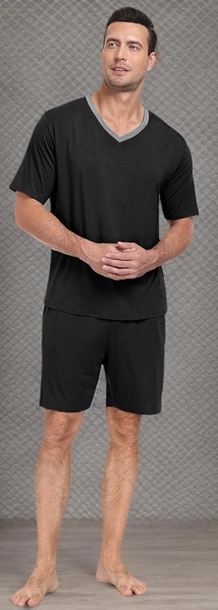 PrinStory Men's Pajama Set Sleepwear Pjs Lightweight Quick Dry Short Sleeve V-Neck Shirts and Shorts Soft Comfy Sleep Sets