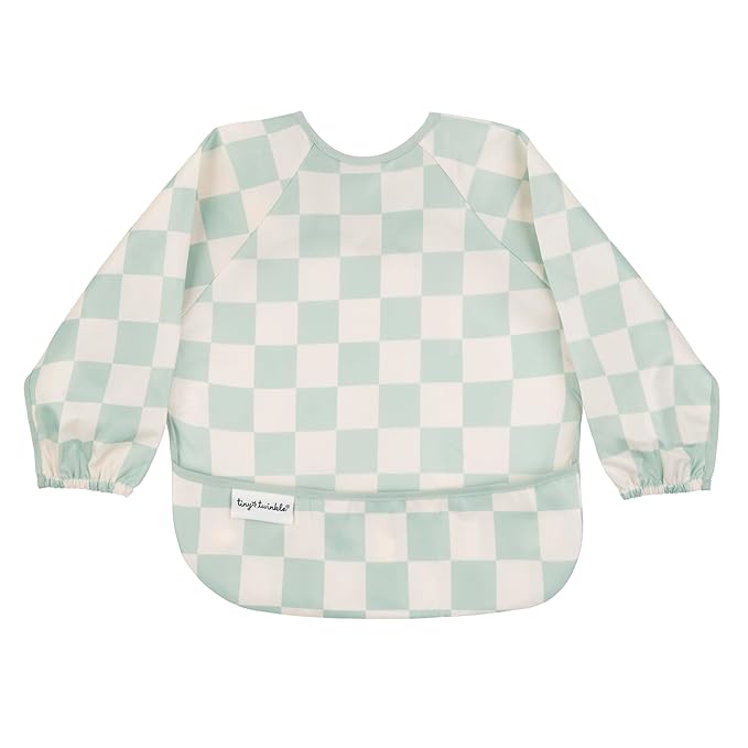 Tiny Twinkle Long Sleeve Bib for Babies & Toddlers – Waterproof Smock Bib for Eating – Machine Washable & Mess-Proof, Baby Feeding Essential & Shower Must-Have(Checkers Sage, 6–24M)