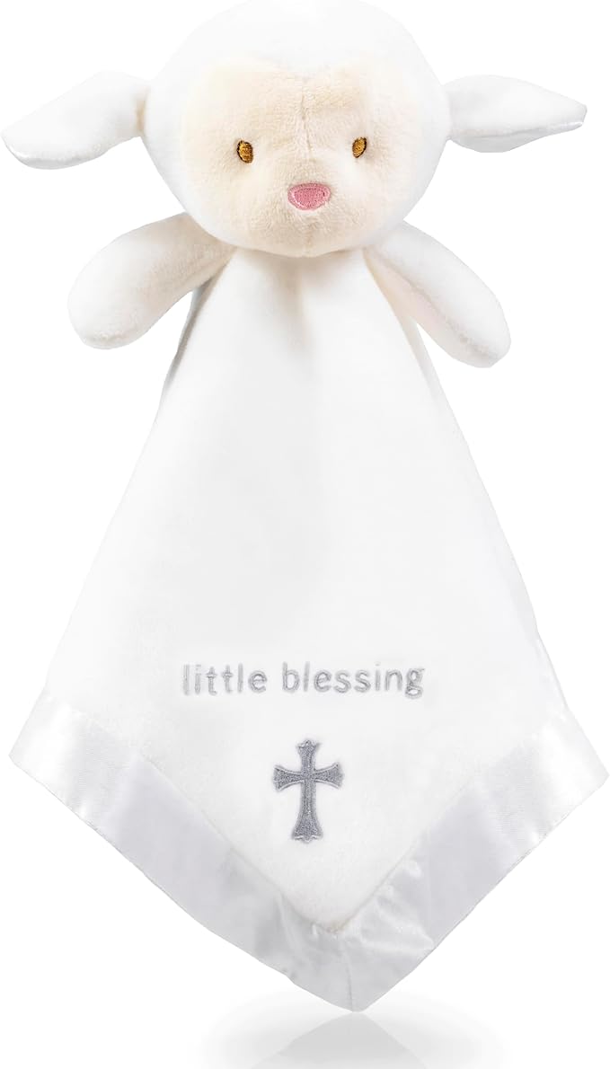 Lamb Lovey, Baptism Gifts for Girl & Boys - Loveys for Babies, Soft Embroidered Baby Blanket with Cross, Baptism Blanket for Newborns & Toddlers, Organic Cotton,14 inch