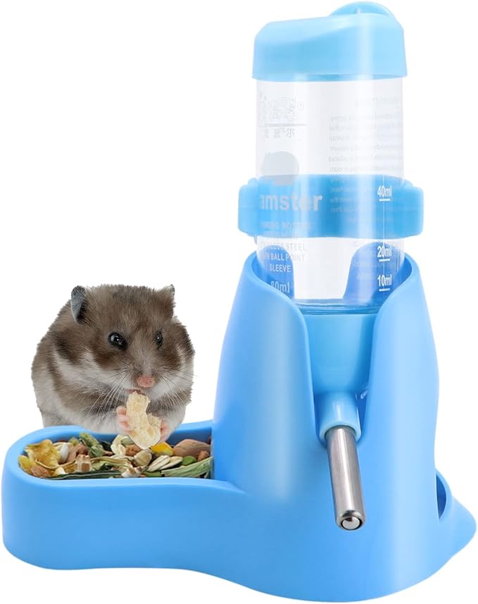 Wontee 3 in 1 Hamster Water Bottle with Food Bowl Hideout Base, 80ML, Blue | Water dispenser, food container, hideout, stable base, easy to refill, for glass tank/cage, dwarf hamster/mouse/gerbil, 2.7oz