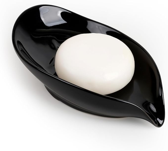 Soap Dish, Self Draining Soap Holder, Leaf Shape Ceramic Bar Soap Holder Drain Soap Dishes for Bathroom Sink Kitchen, Easy to Clean, Keeps Soap Dry, Black, ANTIS'S HOME